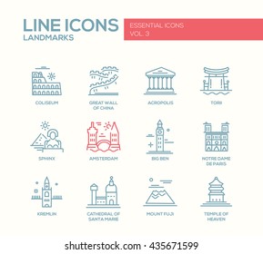 Set of modern vector simple plain line design icons and pictograms of world famous landmarks. Coliseum, Sphinx, Torii, Great Wall, Santa Marie Cathedral, Big Ben, Notre Dame, Fuji, Amsterdam