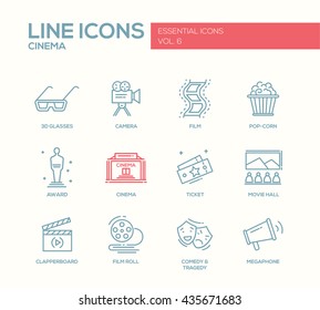 Set of modern vector simple plain line design icons and pictograms of cinema and movie production. 3d glasses, film, pop corn, camera, award, ticket, hall, clapperboard, roll, comedy, megaphone