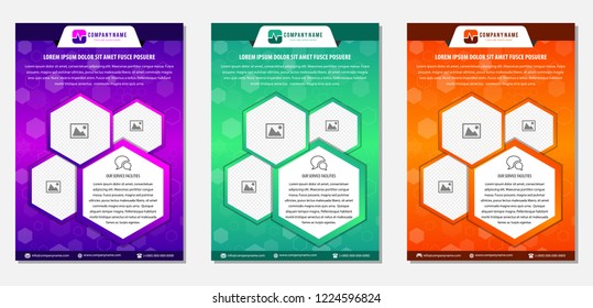 Set of modern vector templates for brochure, cover, flyer, annual report, leaflet. Minimal covers design. Hexagonal structure. Future geometric template. Science, medicine, technology background