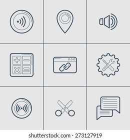 Set of Modern Vector Thin Line Icons. Location, Settings, Cut, Message, Link, Calculator, Wi-Fi