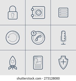 Set of Modern Vector Thin Line Icons. Lock, Safe, Call, Microphone, Start up, Map, Security