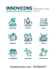 Set of modern vector thin line flat design icons. Collection of business and finance infographics objects â?? Marketing, start up, to do list, planning, analytics, e-commerce, solutions, pay per click.