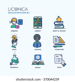 Set of modern vector thin line flat design icons and pictograms. Collection of education infographics objects, web elements. Webinar, library, back to school, ideas, lessons, research, books