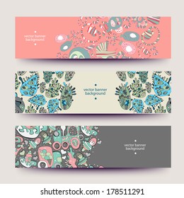 A set of modern vector web banners with varicolored background. Banners for business cards, labels, tags. Unique design and interesting solutions. Hand drawn illustration and place for your text.