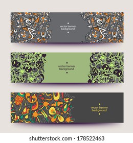 A set of modern vector web banners with varicolored background. Banners for business cards, labels, tags. Unique design and interesting solutions. Hand drawn illustration and place for your text.