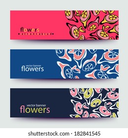 A set of modern vector web banners with varicolored  background. Banners for business cards, labels, tags. Unique design and interesting solutions. Hand drawn illustration and place for your text.