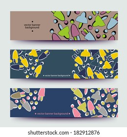 A set of modern vector web banners with varicolored  background. Banners for business cards, labels, tags. Unique design and interesting solutions. Hand drawn illustration and place for your text.