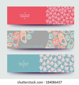 A set of modern vector web banners with varicolored  background. Banners for business cards, labels, tags. Unique design and interesting solutions. Hand drawn illustration and place for your text.