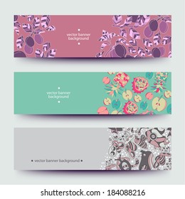 A set of modern vector web banners with varicolored  background. Banners for business cards, labels, tags. Unique design and interesting solutions. Hand drawn illustration and place for your text.