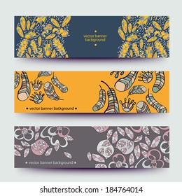 A set of modern vector web banners with varicolored  background. Banners for business cards, labels, tags. Unique design and interesting solutions. Hand drawn illustration and place for your text.