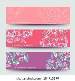 A set of modern vector web banners with varicolored  background. Banners for business cards, labels, tags. Unique design and interesting solutions. Hand drawn illustration and place for your text.