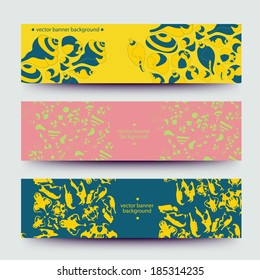 A set of modern vector web banners with varicolored background. Banners for business cards, labels, tags. Unique design and interesting solutions. Hand drawn illustration and place for your text.