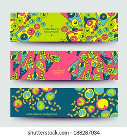 A set of modern vector web banners with varicolored  background. Banners for business cards, labels, tags. Unique design and interesting solutions. Hand drawn illustration and place for your text.