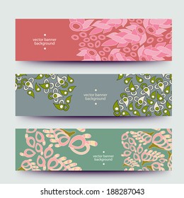 A set of modern vector web banners with varicolored  background. Banners for business cards, labels, tags. Unique design and interesting solutions. Hand drawn illustration and place for your text.