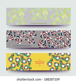 A set of modern vector web banners with varicolored  background. Banners for business cards, labels, tags. Unique design and interesting solutions. Hand drawn illustration and place for your text.