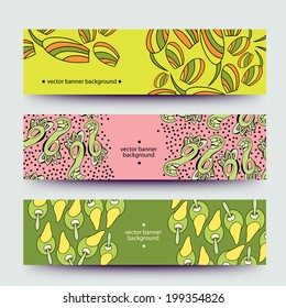 A set of modern vector web banners with varicolored background. Banners for business cards, labels, tags. Unique design and interesting solutions. Hand drawn illustration and place for your text.