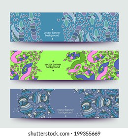 A set of modern vector web banners with varicolored background. Banners for business cards, labels, tags. Unique design and interesting solutions. Hand drawn illustration and place for your text.