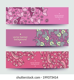 A set of modern vector web banners with varicolored background. Banners for business cards, labels, tags. Unique design and interesting solutions. Hand drawn illustration and place for your text.