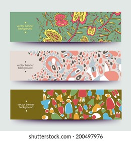 A set of modern vector web banners with varicolored background. Banners for business cards, labels, tags. Unique design and interesting solutions. Hand drawn illustration and place for your text.