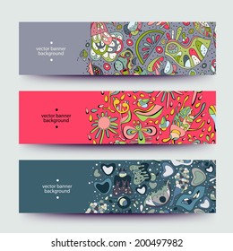 A set of modern vector web banners with varicolored background. Banners for business cards, labels, tags. Unique design and interesting solutions. Hand drawn illustration and place for your text.