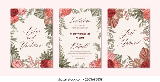 Set of modern vertical boho wedding designs for invitation, greeting cards, posters. Save the date. Hand drawn vector illustration