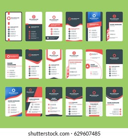 Set of modern vertical business card print templates. Red and black colors. Vector illustration. Stationery design