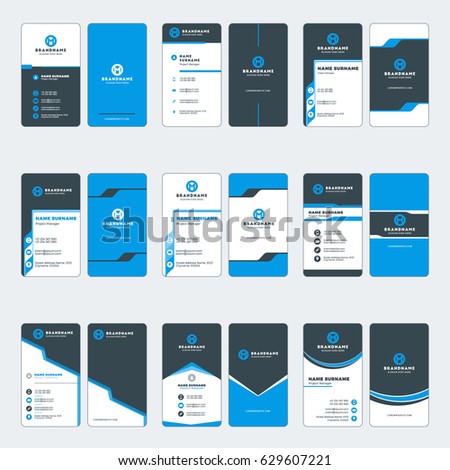 set of modern vertical business card print templates blue and black colors vector illustration