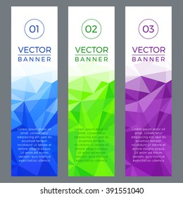 Set of Modern Vertical Colorful Vector Banners with Polygonal Background and Text.