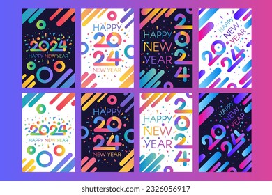 Set of Modern Vertical Happy 2024 New Year A4 holiday posters in gradient colors with 2024 and Happy New Year inscription. Template collection for printing, banner for inviting and celebration. Vector