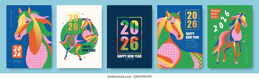 Set of modern vertical New Year card designs for 2026, featuring a vibrant stylized horse with geometric patterns, celebrating the Year of the Horse, for festive greetings, vector illustration.