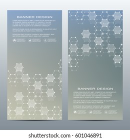 Set of modern vertical scientific banners. Molecule structure of DNA and neurons. Abstract background. Medicine, science, technology, business and website templates. Scalable vector graphics.