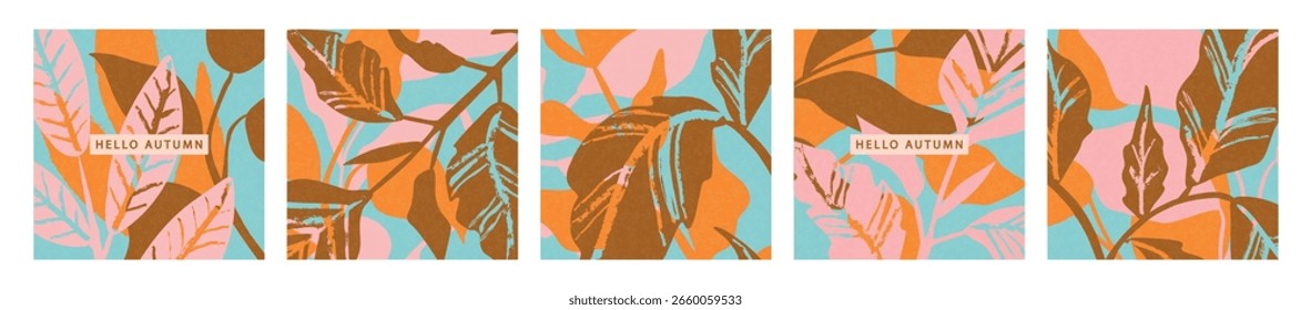 Set of modern vertical templates with colorful, textured autumn leaves and branches, representing abstract botanical compositions for stories or social media posts, cards, banners, vector illustration
