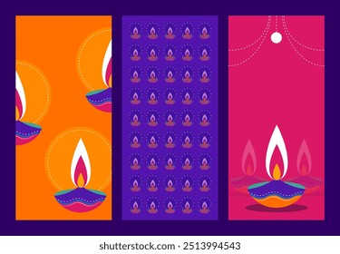 Set of Modern and Vibrant Diwali Design with Diyas, Firecrackeri Patterns Design 