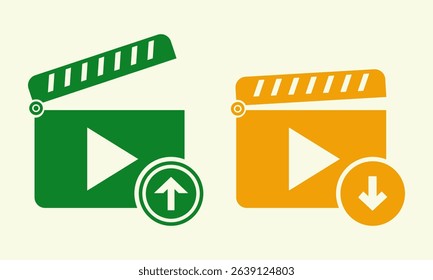 set of modern video player icons including a clapperboard, play button, and upload symbol in green and orange. Ideal for digital media, film production, video editing or content creation platforms.