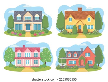 Set Of Modern Village Houses. Traditional English House Exterior. European Typical Rural Cottage Facade Landscaped. Elegant Family Suburban House. Isolated Object, Sign, Background.
