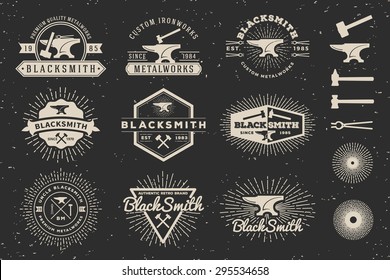 Set of Modern Vintage Blacksmith and Metalworks Badge Logo Template Design with anvil, hammer, starburst. Vector illustration