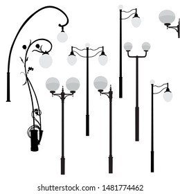 Set of modern and vintage street lights. Silhouette of wall and floor street lamp, round lantern,  black and gray color, isolated on white background