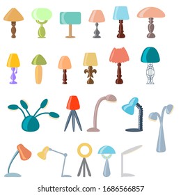 A set of modern and vintage table lamps isolated on a white background. Funny Lamps of different colors. Vector illustration in flat style.