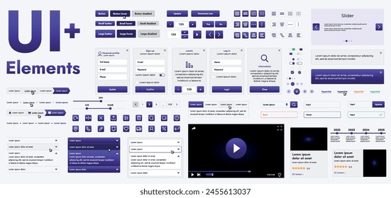 A set of modern violet web interface elements designed for the development and design of websites and mobile applications. Includes buttons, icons, navigation elements, slyder, forms.