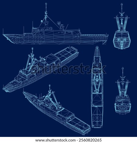 Set with modern war ship wireframe vector on blue background.
