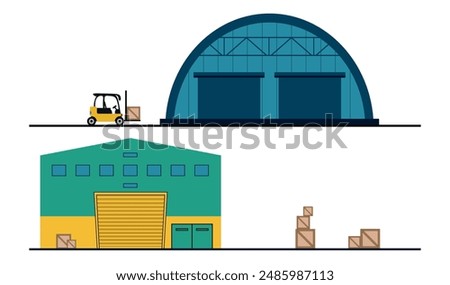 Set of modern warehouses in cartoon style.Vector illustration of a large warehouse building with a gable roof and a round,with wide gates and windows, a forklift, and a parcel box. The parcel storage.