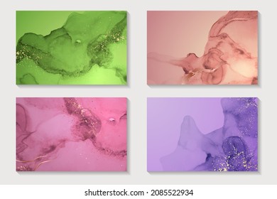 Set of modern watercolor backgrounds or elegant card design or wallpaper or poster with abstract ink waves and golden splashes.
