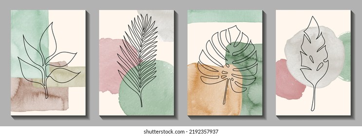 Set of modern watercolor vector art background with foliage. Artistic graphic design for interior, poster, cover, banner, flyer, cards, invitation card. Pastel colors template. One line drawing. Leaf.