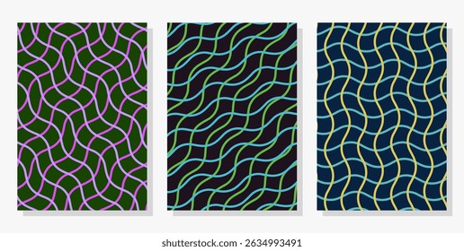 Set of modern wavy lines vector illustrations. Aesthetic backgrounds ideas for textile, home decor, template, banner, poster, brochure with retro colors. Vector illustration.