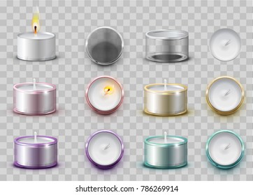 Set modern wax aromatic candle in round metal container. Vector illustration on transparent background