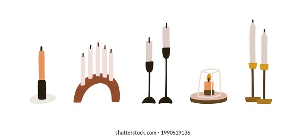 Set of modern wax candles with metal and wooden candlesticks, holders, and pedestals. Home decor for festive or romantic light. Colored flat vector illustration isolated on white background