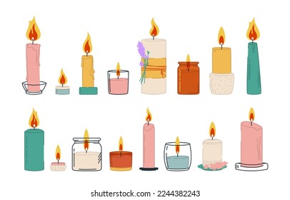 A set of modern wax scented candles, various handmade craft designer candles in a glass jar, tin. Home aromatherapy, home decoration. Vector illustration