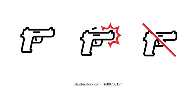 Conjunto de armas modernas, íconos de tiro y prohibición. Vector de línea editable. Una pistola simple, con fuego y prohibición de uso. Pictograma de grupo.