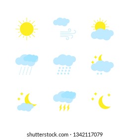 Set of modern weather icons. Flat collection of symbols of different weather isolated on white background. Vector.