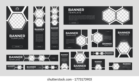 Set von modernen Webbannern in Standardgröße mit einem Platz für Fotos. Vertikale, horizontale und quadratische Vorlage. Vektorgrafik